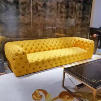 Italian Design Yellow Velvet Living Room Tufted Sofa Customized Modern 3 Seater Chesterfield Sofa Fabric Button Tufted Sofa