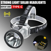 Strong Light LED Head Flashlight Type-c Rechargeable Headlamp with Solar Panel Camping Fishing Outdoors Waterproof Headlights
