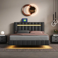 Queen/Full Size PU Floating Bed Frame with LED Lights&amp;USB Charging Modern Upholstered Platform LED Bed Frame Black/White