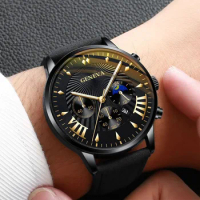 New Men Geneva Watches Male Business Leather Strap Calendar Quartz Watch Mens Casual Wrist Watch For Men Clock Relogio Masculino