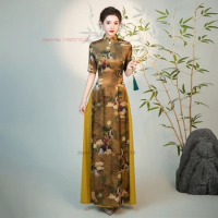 2024 vietnam traditional aodai dress chinese improved qipao national crane print cheongsam dress banquet evening qipao dress