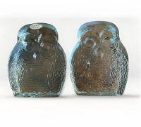 Vintage Blenko Owl Bookends Pair Clear Art Glass Joel Myers Mid Century Modern