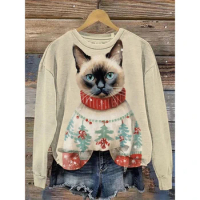 Women Cat Print Pullover O-Neck 3D print Sweatshirts Sweater Winter Casual Long Sleeve hoodies Anime Ladies Blouse Woman Hoodie