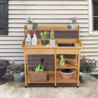 Potting Benches Outdoor Garden Potting Table Work Bench with Removable Sink Drawer Rack Shelves Work Station, Wood