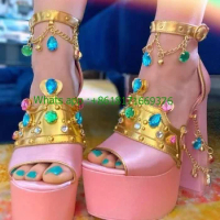 2022 Girl Pink Rubine Crowned Platform Sandals Sexy Summer Women Peep Toe New Style Buckle Shoes Ladies Chunky High Heel Sandals