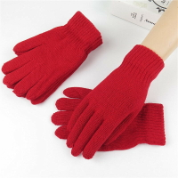 大紅色手套冬季女保暖針織毛線五指全指手套男士成人車用騎行手套