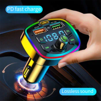Car Bluetooth 5.0 FM Transmitter PD 18W Type-C Dual USB 3.1A Fast Charger LED Backlit Atmosphere Light MP3 Player