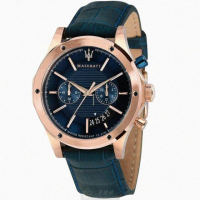 【MASERATI 瑪莎拉蒂】MASERATI手錶型號R8871627002(寶藍色錶面玫瑰金錶殼寶藍真皮皮革錶帶款)