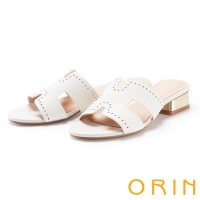 【ORIN】造型洞洞真皮鑲金低跟真皮 女 拖鞋(白色)