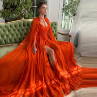 Lily Orange V Neck Prom Evening Dresses Gowns Spaghetti Strap Formal Gown Side Split Chiffon Evening Gowns vestidos de noche
