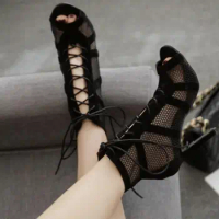 Lace-Up Sandals Heels 9CM Women's Shoes Summer 2022 Trend Black Sexy Peep Toe Boots Fashion Cloth Stilettos Jazz Dance Female