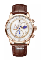 LIGE LIGE 計時碼表中性 IP 玫瑰金不銹鋼石英手錶，棕色皮革錶帶上的白色錶盤