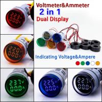 Mini Digital Voltmeter Ammeter 22mm Round AC 50-500V 0-100A Amp Volt Voltage Tester Meter Dual LED Indicator Pilot Lamp Light