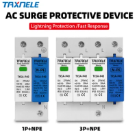 AC SPD Din rail 1P+NPE 3P+NPE 50KA T1 T2 385V 275V 255V House Surge Protector Protective Low-voltage Device Lightning Arrester