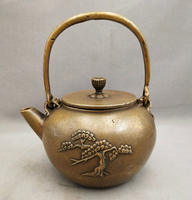 精品古玩古董純銅仙鶴茶水壺居家裝飾擺設仿古黃銅羅漢松銅壺擺件