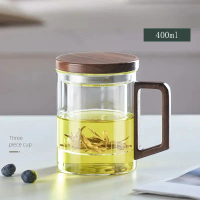 Cangkir Teh Saringan Kaca Kayu Tahan Panas Infuser Mug 400ml