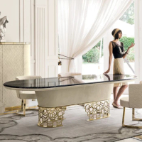 Italian light luxury dining table and chair combination high-end turntable table natural marble dining table rectangular