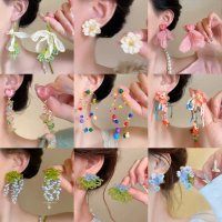Anting-anting hiasan manik corak bunga Green Island untuk wanita, gaya popular baharu tahun 2025, se