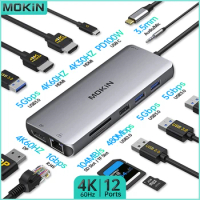 MOKiN Docking Station USB Hub 12 in 1 4K 60Hz: Dual HDMI, DP, USB 3.0, RJ45, PD, SD/TF, Audio Mic for Mac Air Pro iPad Laptop PC