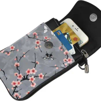 Cherry blossom grey Crossbody Cell Phone Purse Women PU Crossbody bag Small crossbody wallet purse Shoulder Bag