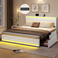 King Size PU Leather Queen Bed Frame with Storage Drawers &amp; LED Lights Headboard white gray