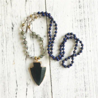 Natural Crystals Pendant Lapis Lazuli Labradorite Clear Quartz Beads Knot Hand Necklace 108 Mala Beads Necklace