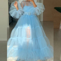 Women Puffy Sheer Dresses Floor Length Long Sleeve Fluffy Sleeve Tulle Dressing Gowns For Party Photo Shoot Dress Plus Size