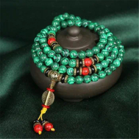 Charms 108 Green Malachite With Tassel Bracelet Hand Knotted Buddha Prayer Beads Meditation Japa Mala Necklace Bracelets Jewelry