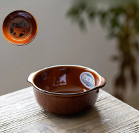 [日本製]      CONCOMBRE  萬古燒  COCOTTE貓咪花朵纹圓形雙耳深焗盤 (焦糖色)