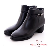 【CUMAR】拼接紋路金屬釦粗跟短靴-黑