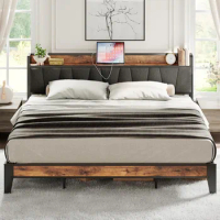 King Size Bed Frame, Storage Headboard with Charging Station, Solid and Stable, Noise Free, No Box Spring Needed