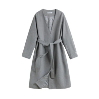 Elegant Woolen Jackets Slim Belt Winter Coats For Women Loose Long Gery Overcoat V-Neck Wool Trench Coats Manteau Femme Hiver
