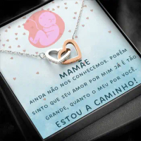 Portuguese To My Mom Gift Necklace Women Necklaces Love Double Heart Necklace Mother Gift Silver Rose Gold Pendant Necklace