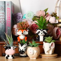 Ceramic Animal Flower Pot Cartoon Fox Zebra Sheep Cow Mini Pot Succulents Plants Bonsai Pots Vintage Vase Home Garden Decoration
