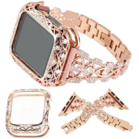 Luxury Bling Diamond Stainless Steel Wrist Band Strap + Rhinestone Zircon Case For Apple Watch Series 7 6 5 4 SE iWatch 40mm 41m