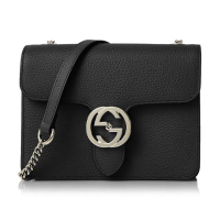【GUCCI 古馳】510304 經典Interlocking系列雙G LOGO全皮革單鍊側肩包/斜背包(黑色)