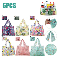 6Pcs Reusable Shopping Tote Bags Large Capacity Groceries Bags Foldable Portable Grocery Shopping Bags Multipurpose 210D Oxford
