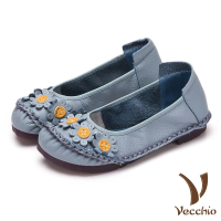 【Vecchio】真皮頭層牛皮手工縫線花朵裝飾低跟舒適單鞋(水藍)