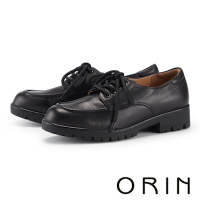 ORIN 真皮素面綁帶厚底樂福鞋 黑色