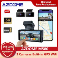 AZDOME M580 5K Car DVR 3 Channel Dash Cam 4inch Touch Screen Built-in GPS WIFI 4K+1080P+1080P Front Cabin Rear Parking Monitor