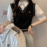 短袖襯衫 夏季學院風小眾襯衣女polo領馬甲假兩件法式上衣【不二雜貨】