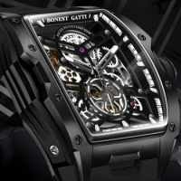 BONEST GATTI Men Automatic Watch Luxury 46MM Tonneau Mechanical Wristwatch 50M Waterproof Sapphire Luminous Fluororubber Strap