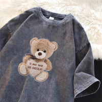 . t shirt hitam washed Bear baju wanita korea kaos wanita oversize kaos wanita kekinian 100%cotton