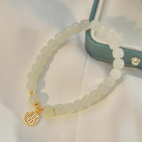 Natural Hetian jade beaded bracelet for women original design light luxury simple Golden Fu pendant bangles silver jewelry