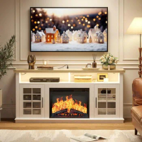 Fireplace TV Stand with Power Outlet and LED Light, Entertainment Center with Open Storage Shelves for TVs up to 65 Inches