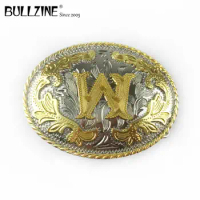 The Bullzine western flower with letter "W" belt buckle with silver and gold finish FP-03702-W for 4cm width snap on belt
