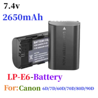 100%New 7.4v 2650mAh for Canon LP-E6 EOS6D 70D 60D 80D 5D3 5D2 5D4 90DEOS R EOS R5 EOS R6/Mark EOS R7 Camera Battery+charger