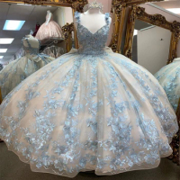 Glitter Sky Blue Quinceanera Dress 2024 Mexican Applique Lace Beads Florals Sweet 15 Dress Sequin Vestidos Para Xv Birthday Part