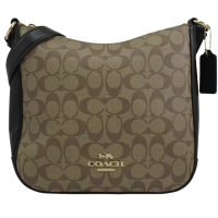 【COACH】新版經典C LOGO印花皮革拼接牛角包斜背包(駝黑)