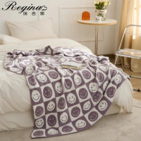REGINA Brand Downy Fluffy Knitted Blanket Checkboard Smile Face Design Match Violet Pink Gray Spring Warm Quilt Plaid Blankets